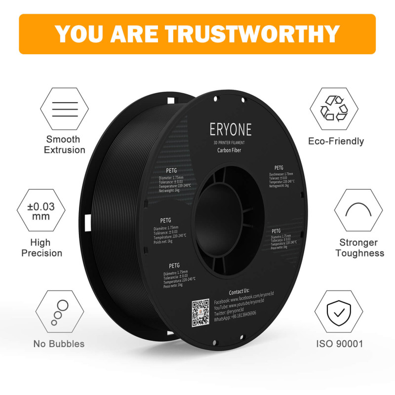 Eryone Carbon Fiber PETG Black / Zwart Filament Eryone Carbon Fiber PETG Black / Zwart Filament