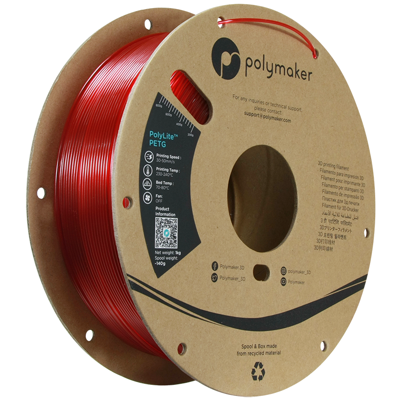 Polymaker PolyLite™ PETG Translucent Red / Transparant Rood Filament Polymaker PolyLite™ PETG Translucent Red / Transparant Rood Filament
