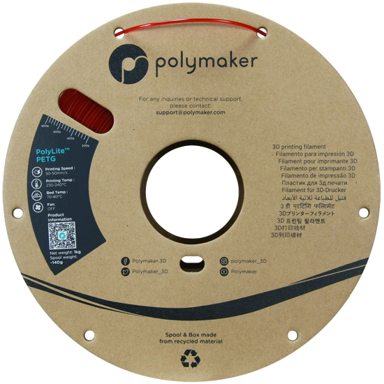 Polymaker PolyLite™ PETG Translucent Red / Transparant Rood Filament Polymaker PolyLite™ PETG Translucent Red / Transparant Rood Filament