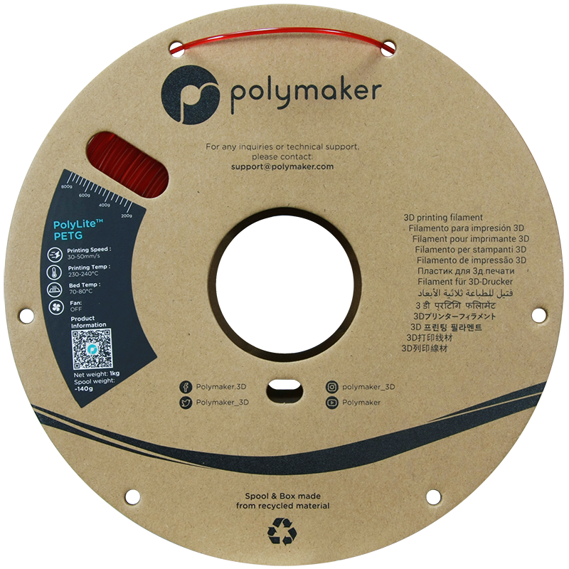 Polymaker PolyLite™ PETG Translucent Red / Transparant Rood Filament Polymaker PolyLite™ PETG Translucent Red / Transparant Rood Filament