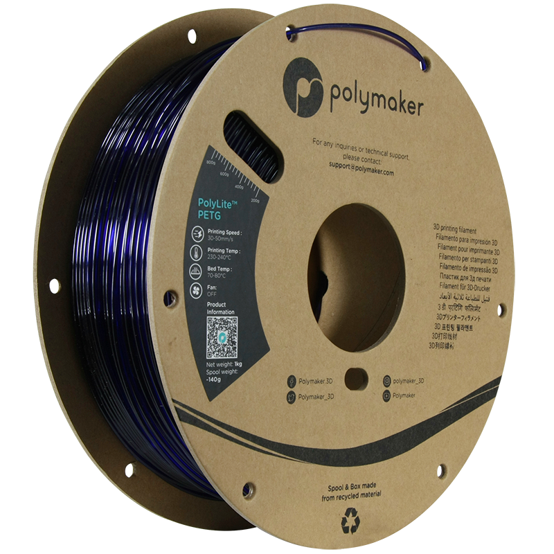 Polymaker PolyLite™ PETG Translucent Blue / Transparant Blauw Filament Polymaker PolyLite™ PETG Translucent Blue / Transparant Blauw Filament
