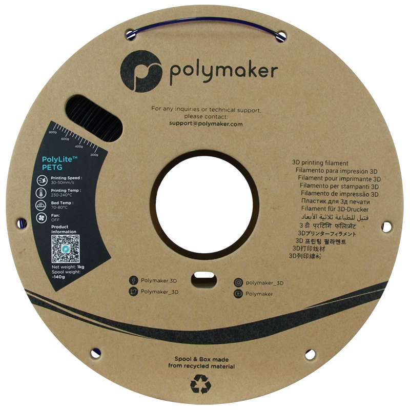 Polymaker PolyLite™ PETG Translucent Blue / Transparant Blauw Filament Polymaker PolyLite™ PETG Translucent Blue / Transparant Blauw Filament