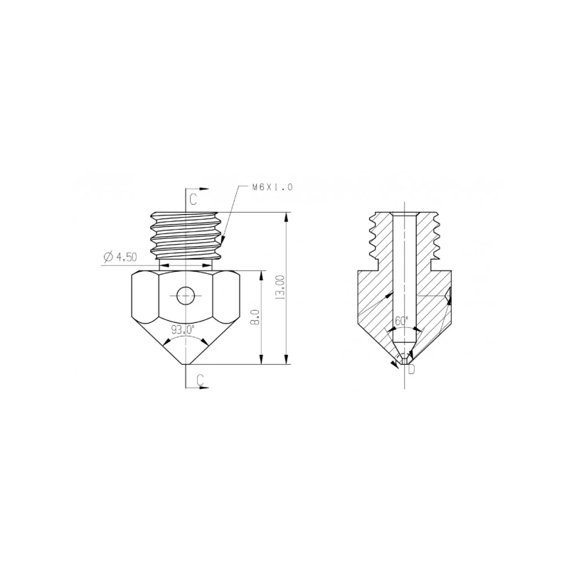 MK8 0.6mm Nozzle / Printkop Messing voor 1.75mm Filament MK8 0.6mm Nozzle / Printkop Messing voor 1.75mm Filament